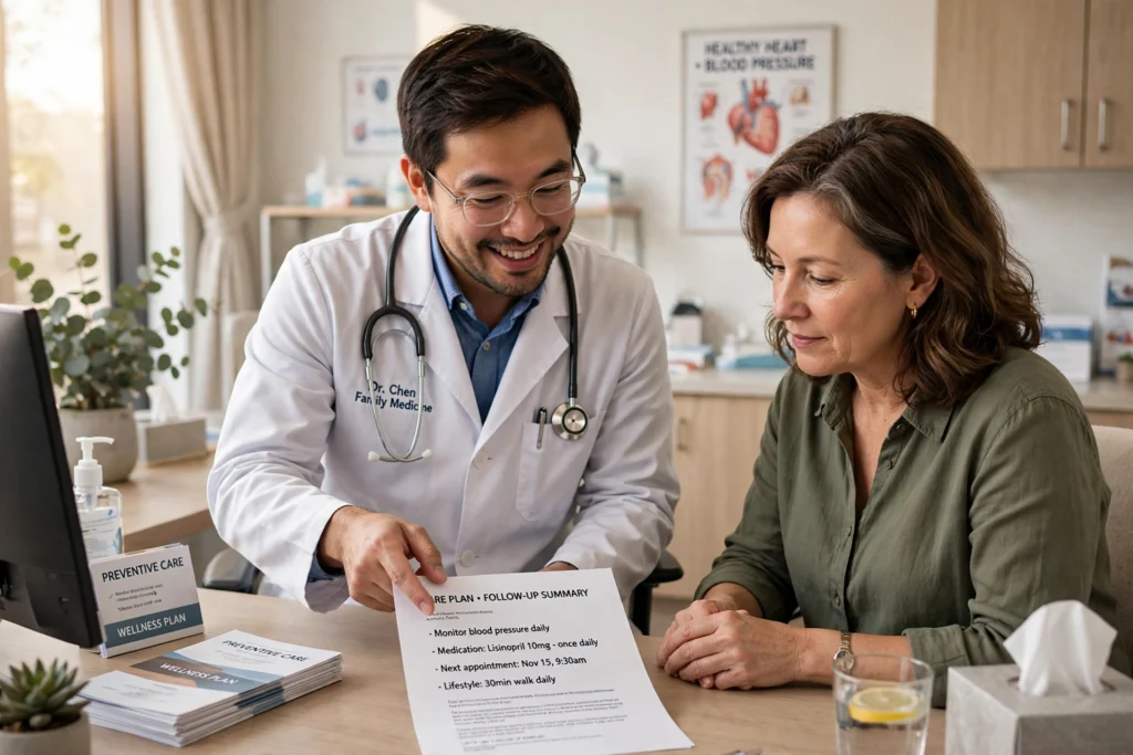Doctor explaining a health insurance document to a patient in a clinic office