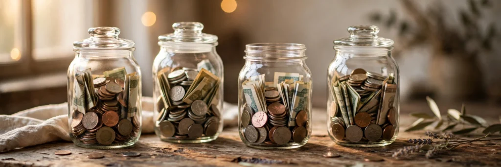 Glass savings jars filled with coins and folded banknotes on a wooden table