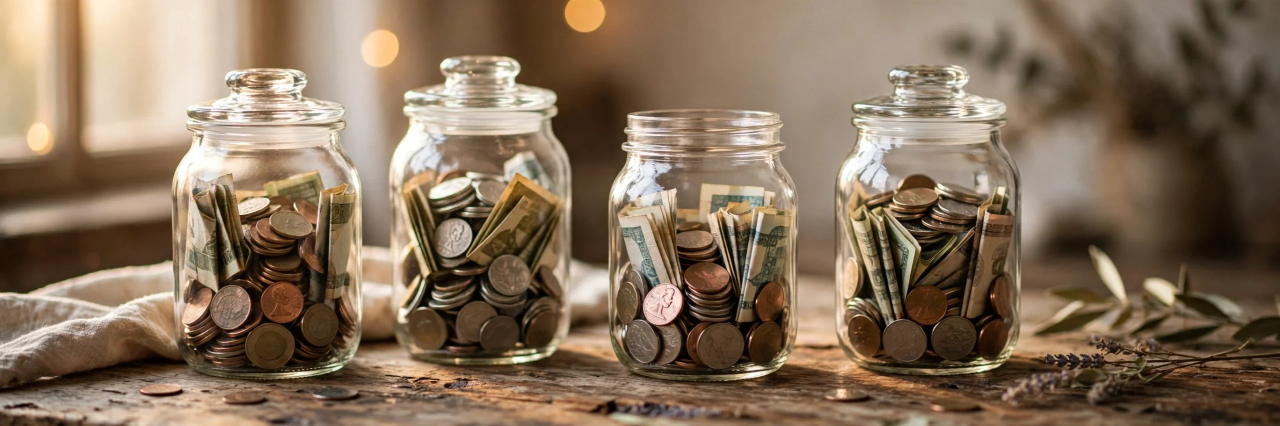 Glass savings jars filled with coins and banknotes on a wooden table