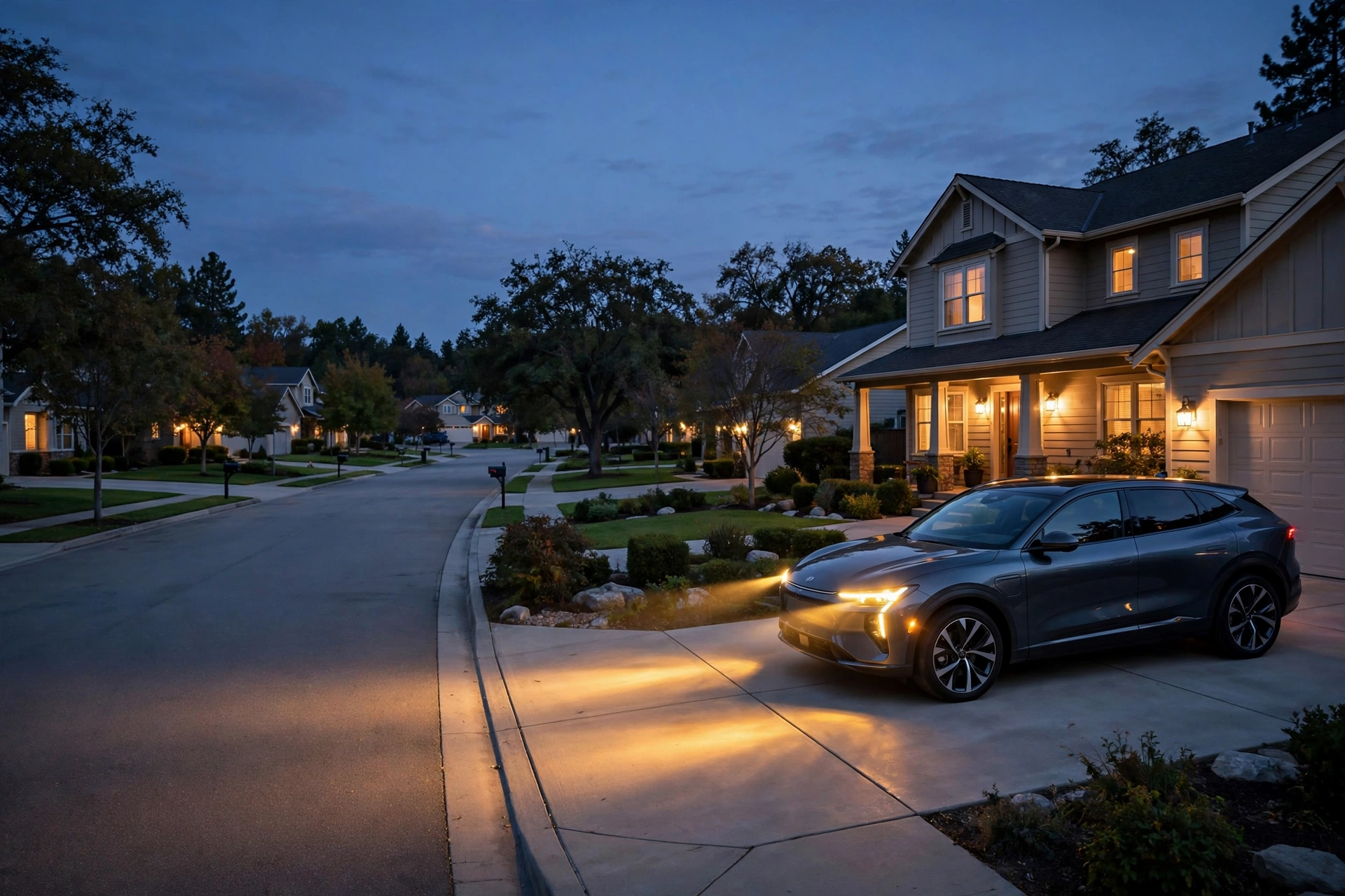 A new car parked in a suburban driveway in front of a house at dusk with its headlights glowing
