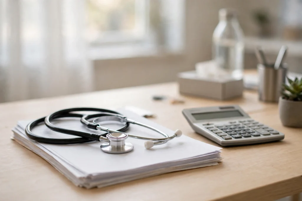 A stethoscope resting on blank health paperwork and a calculator on a bright desk in soft natural light