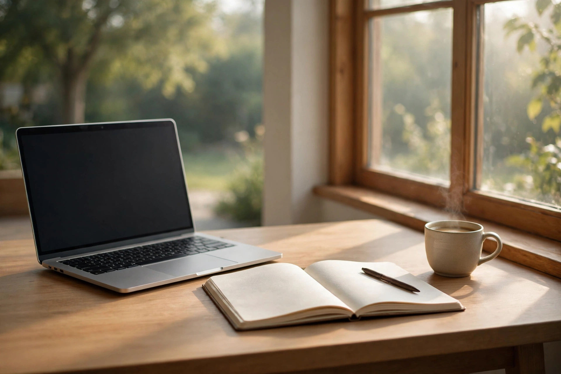 A freelancer's home-office desk with a laptop, open notebook, pen and a cup of coffee beside a window in morning light
