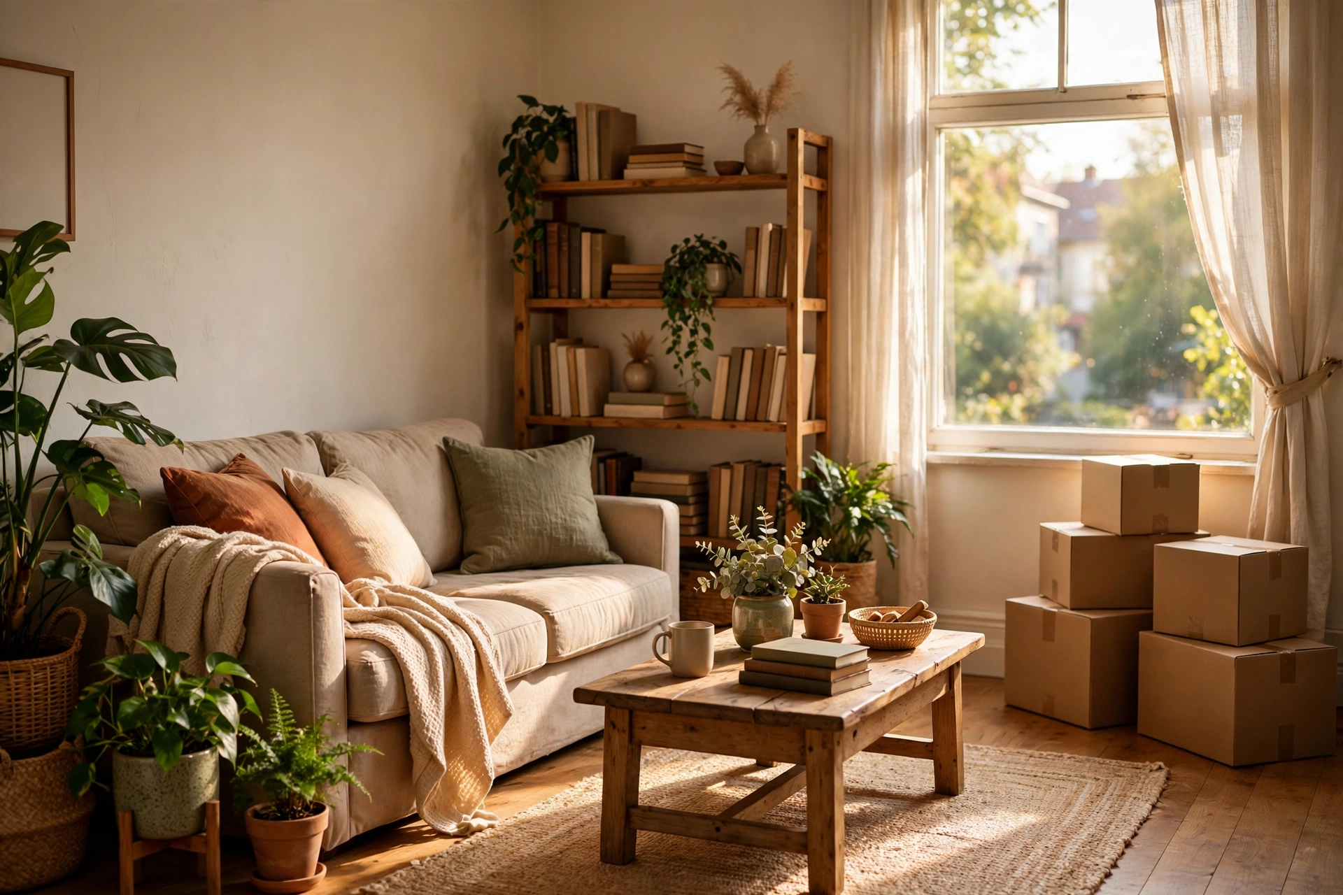 A cosy rented apartment living room with a sofa, houseplants, bookshelf and moving boxes in warm afternoon light