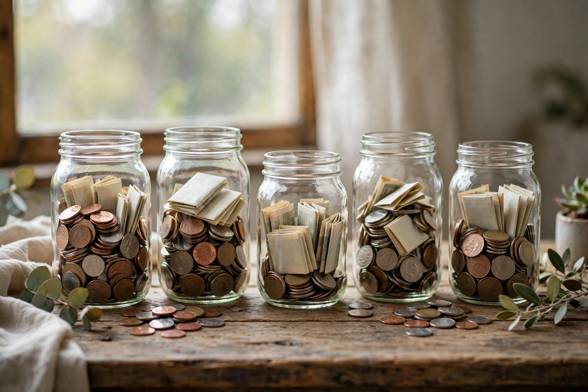 Clear glass savings jars filled with coins and folded banknotes on a rustic wooden table in soft window light
