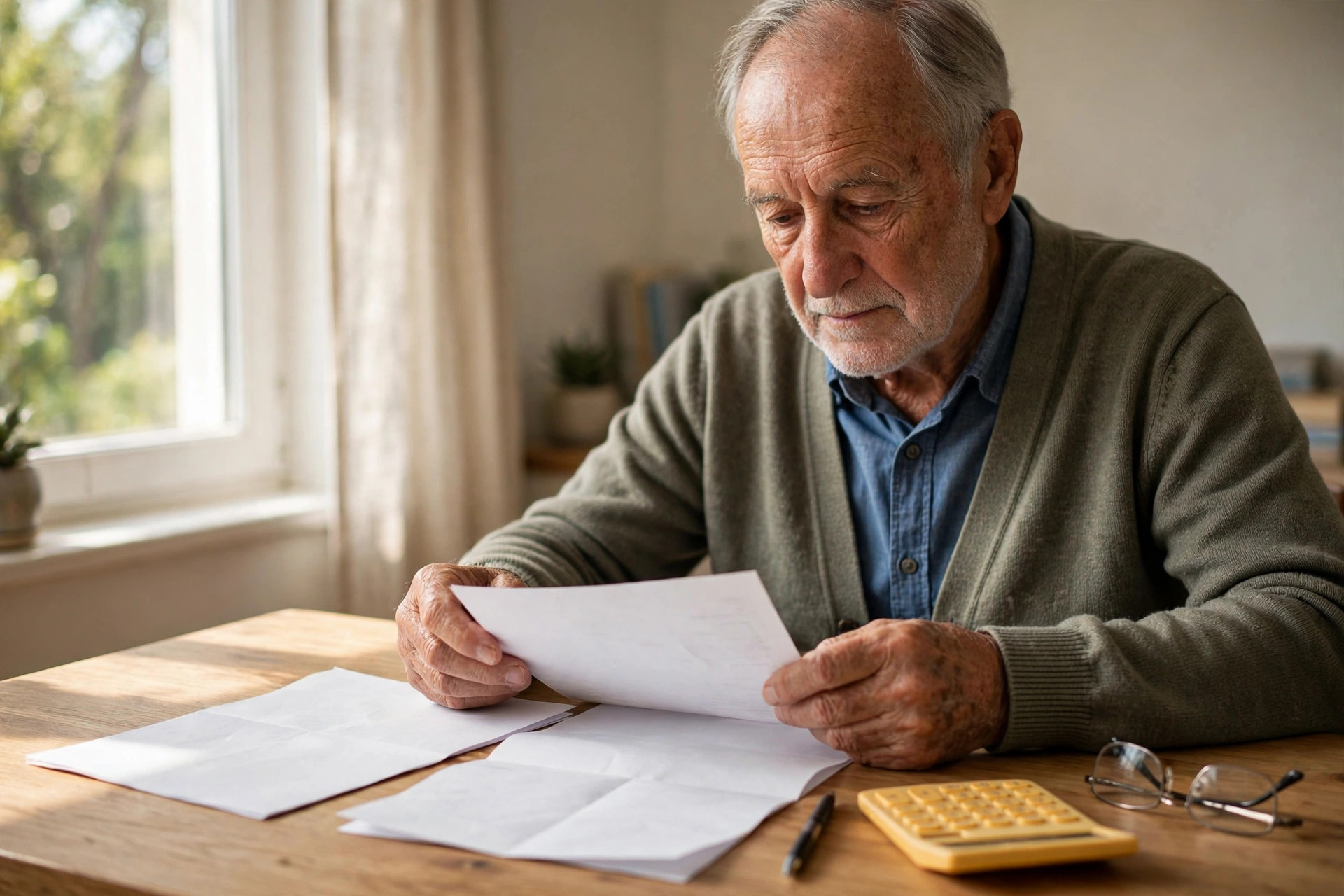 Senior man reviewing retirement account statements and a tax form at a bright desk