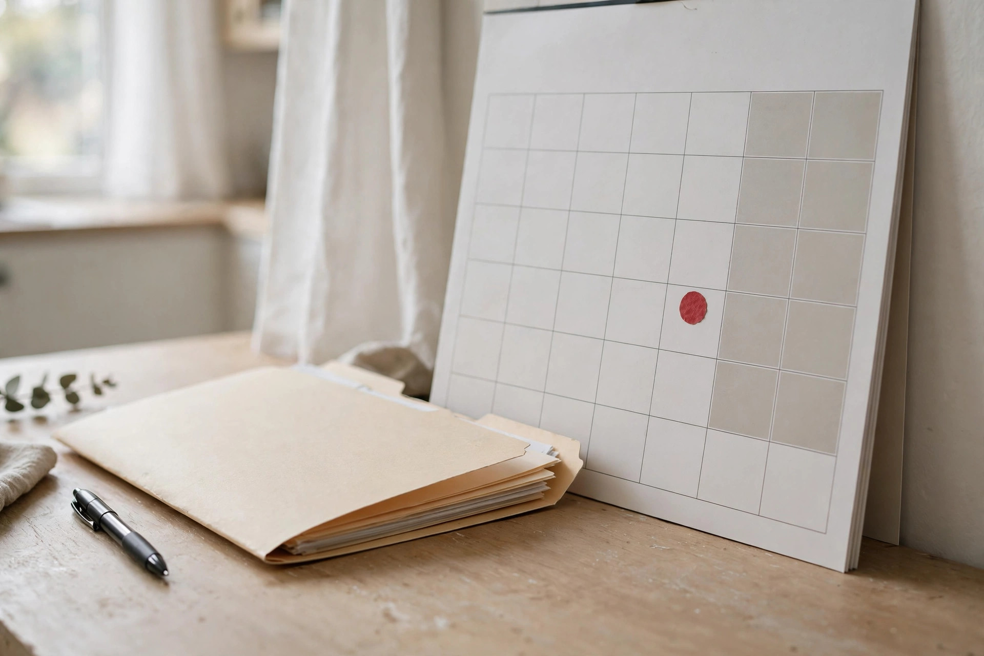 Wall calendar beside a retirement paperwork folder on a home desk