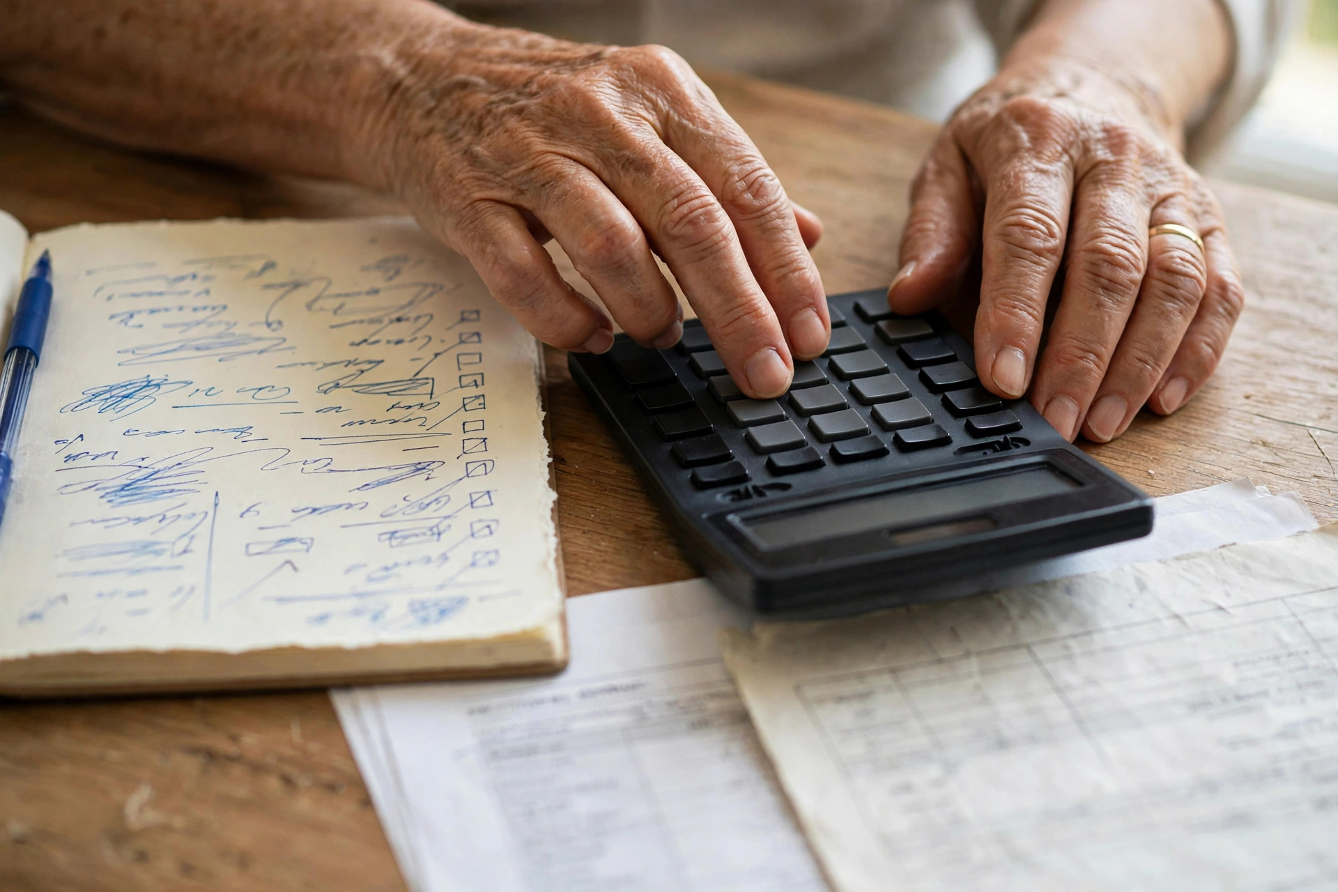 Senior woman's hands using a calculator next to a handwritten budget notebook