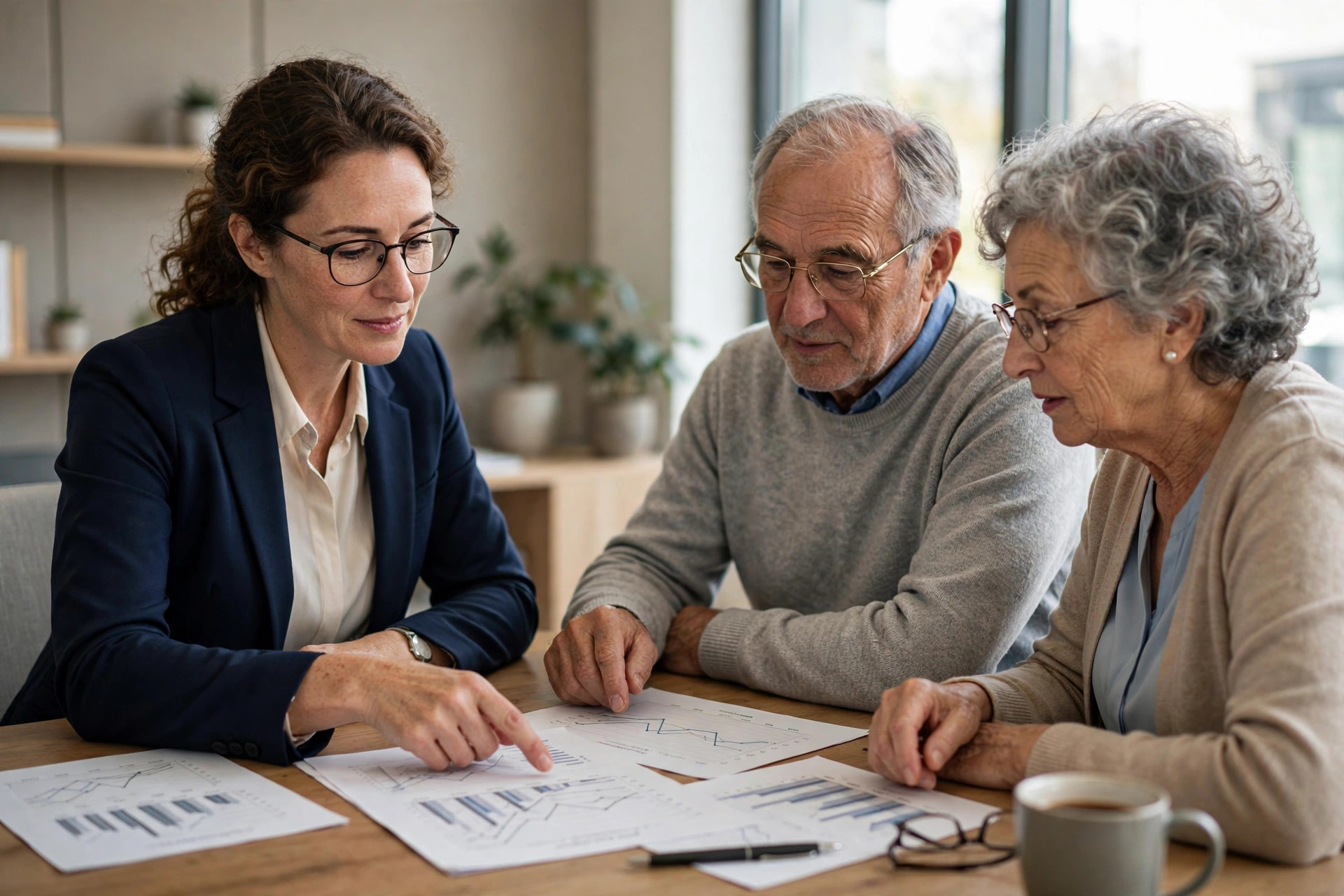 Financial planner reviewing income charts with a retired couple at an office table