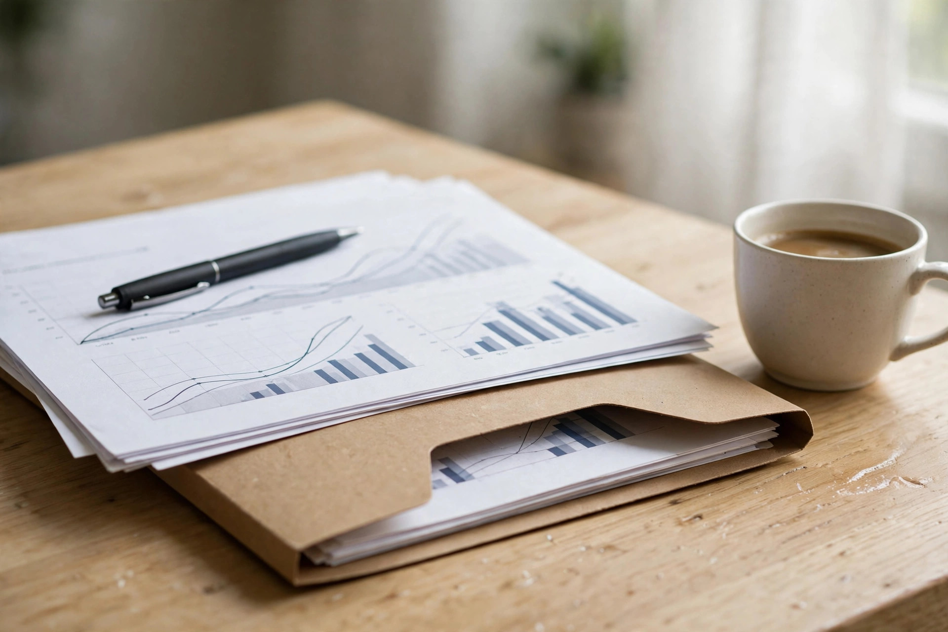 Retirement income planning charts and a pen on a desk beside a coffee cup