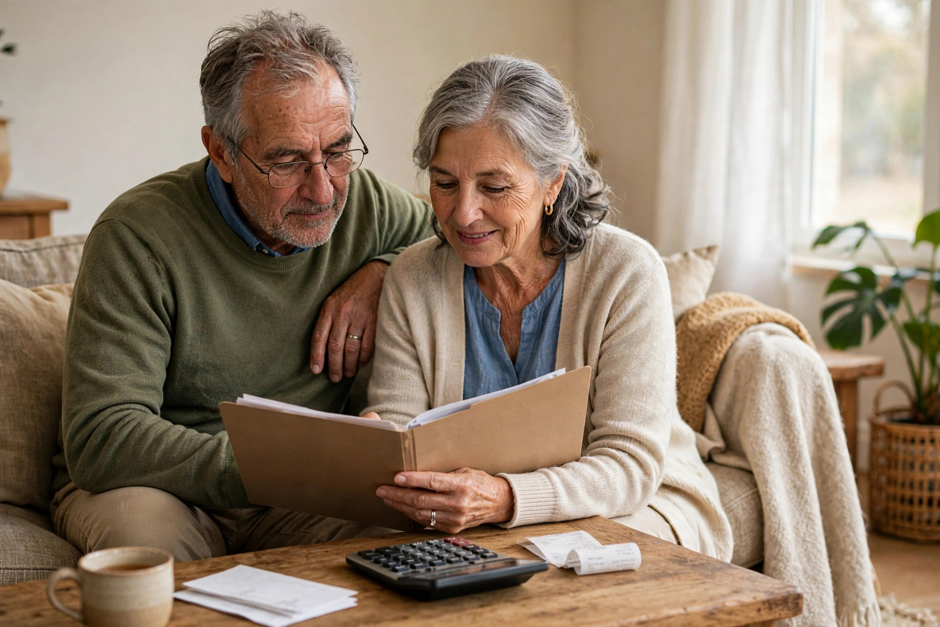 Retired couple on a couch reviewing a budget folder with a calculator