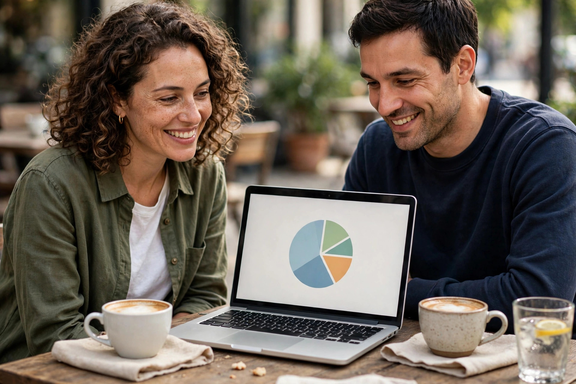 Two friends smiling at a laptop showing a budget pie chart at a cafe