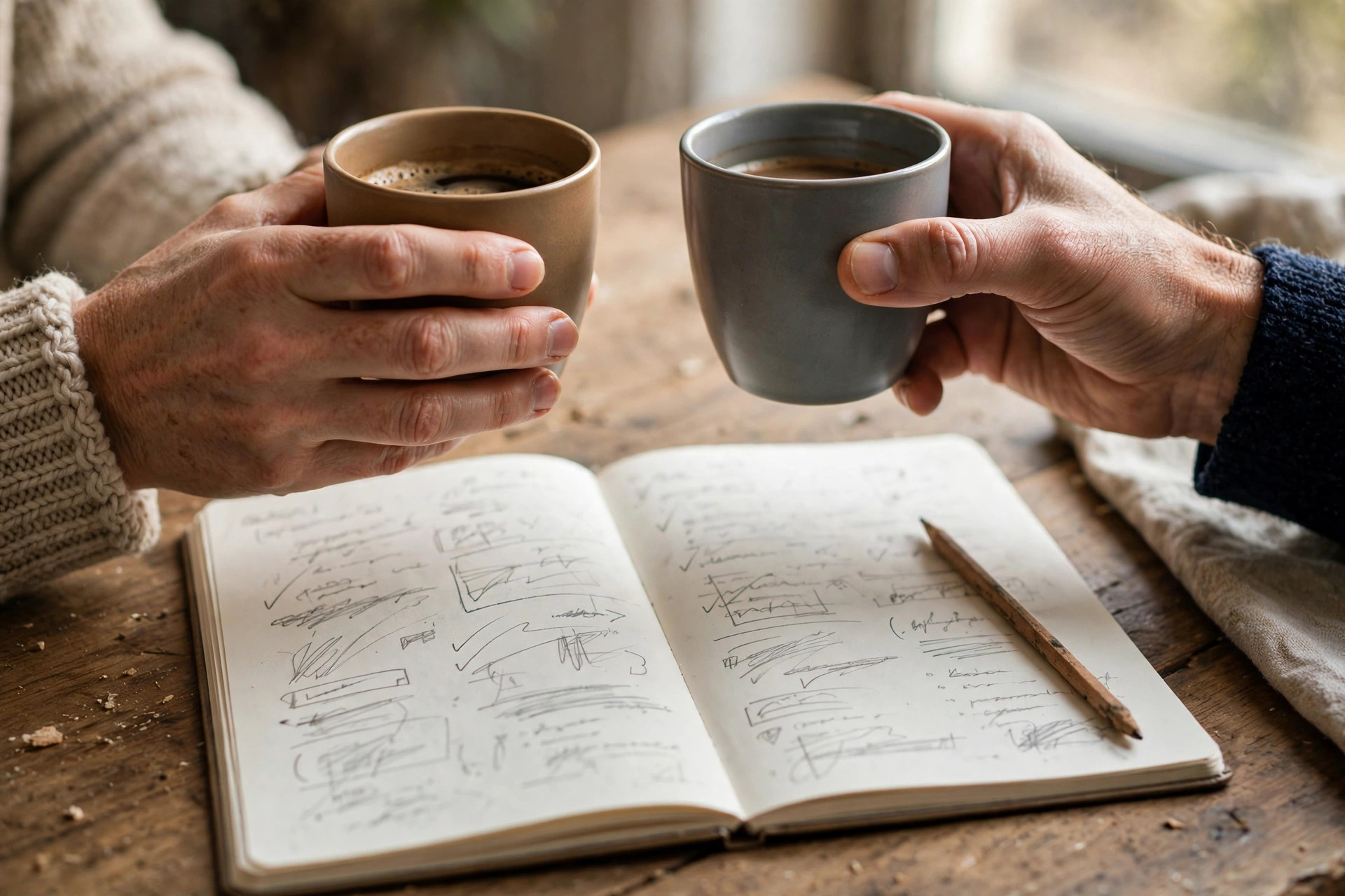 Two people holding coffee cups over an open notebook with budget notes
