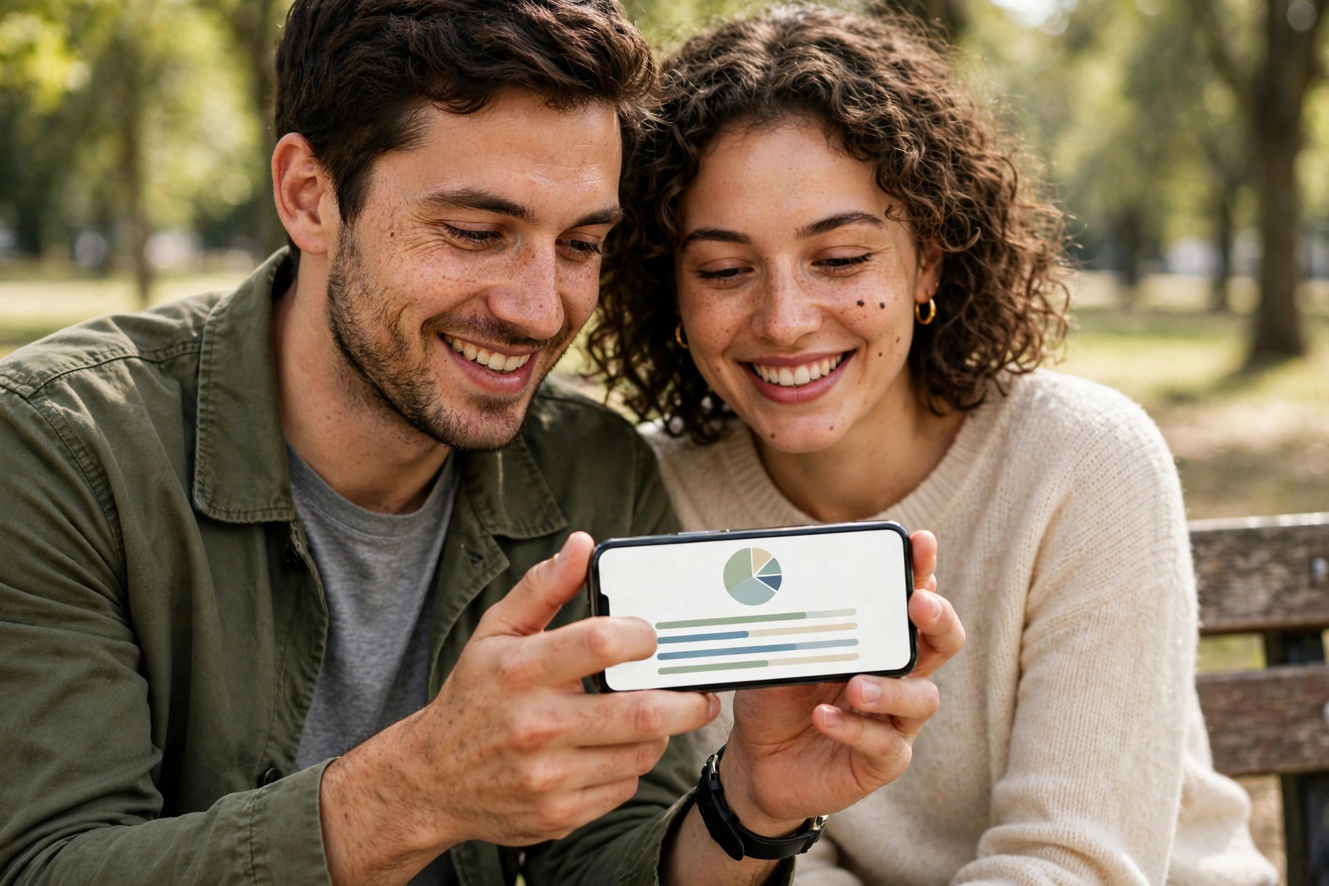 Two friends in a park looking at a budgeting app on a smartphone