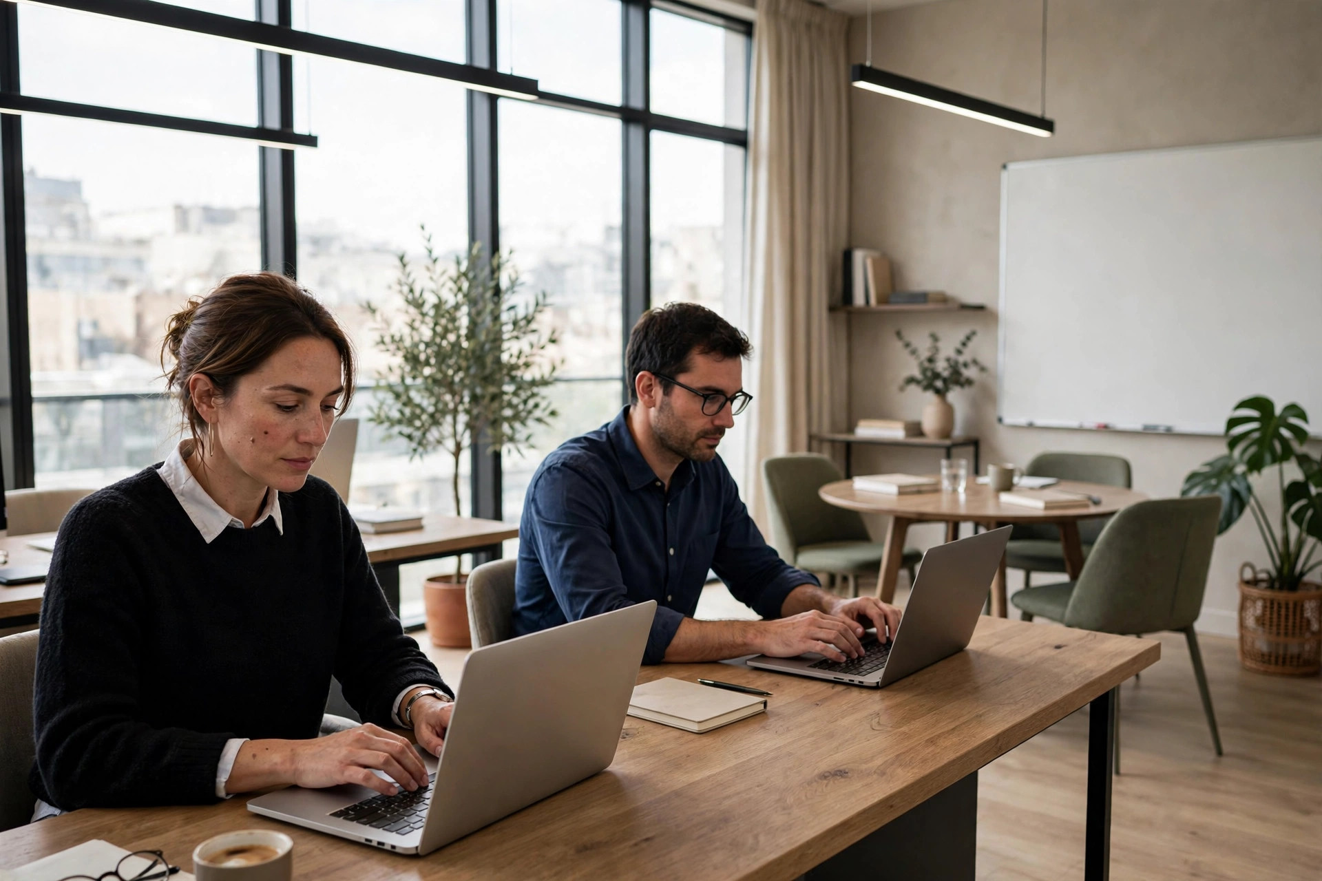 Two professionals working at laptops in a bright modern boutique office