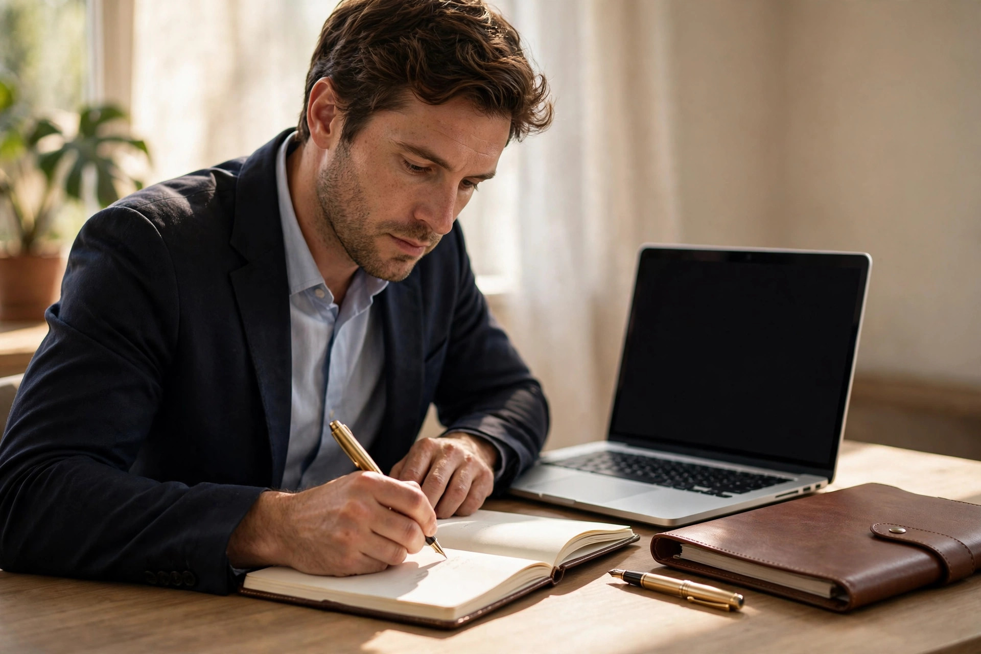 Business founder writing a business plan in a notebook beside a laptop