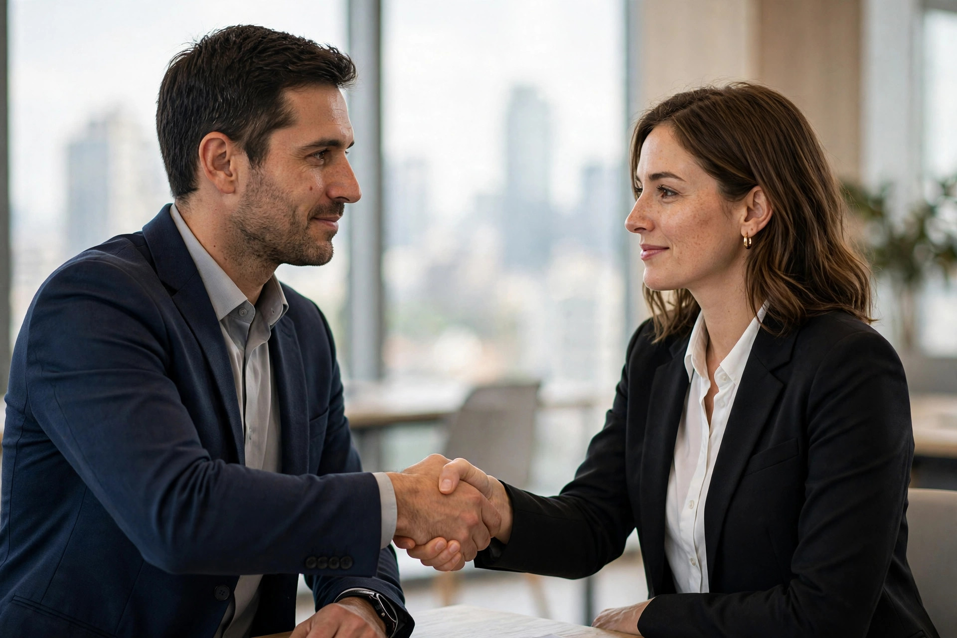 Professional handshake between an adviser and a client in a bright office