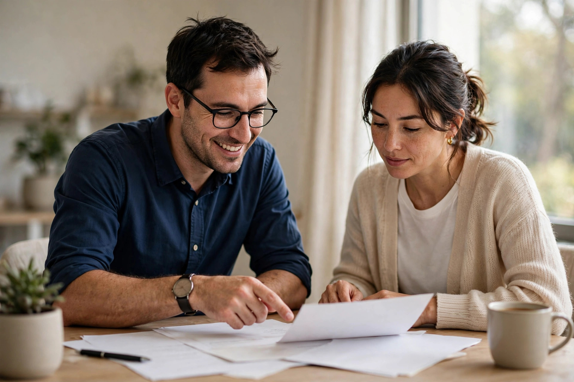 Financial counsellor helping a client review budget documents at a desk