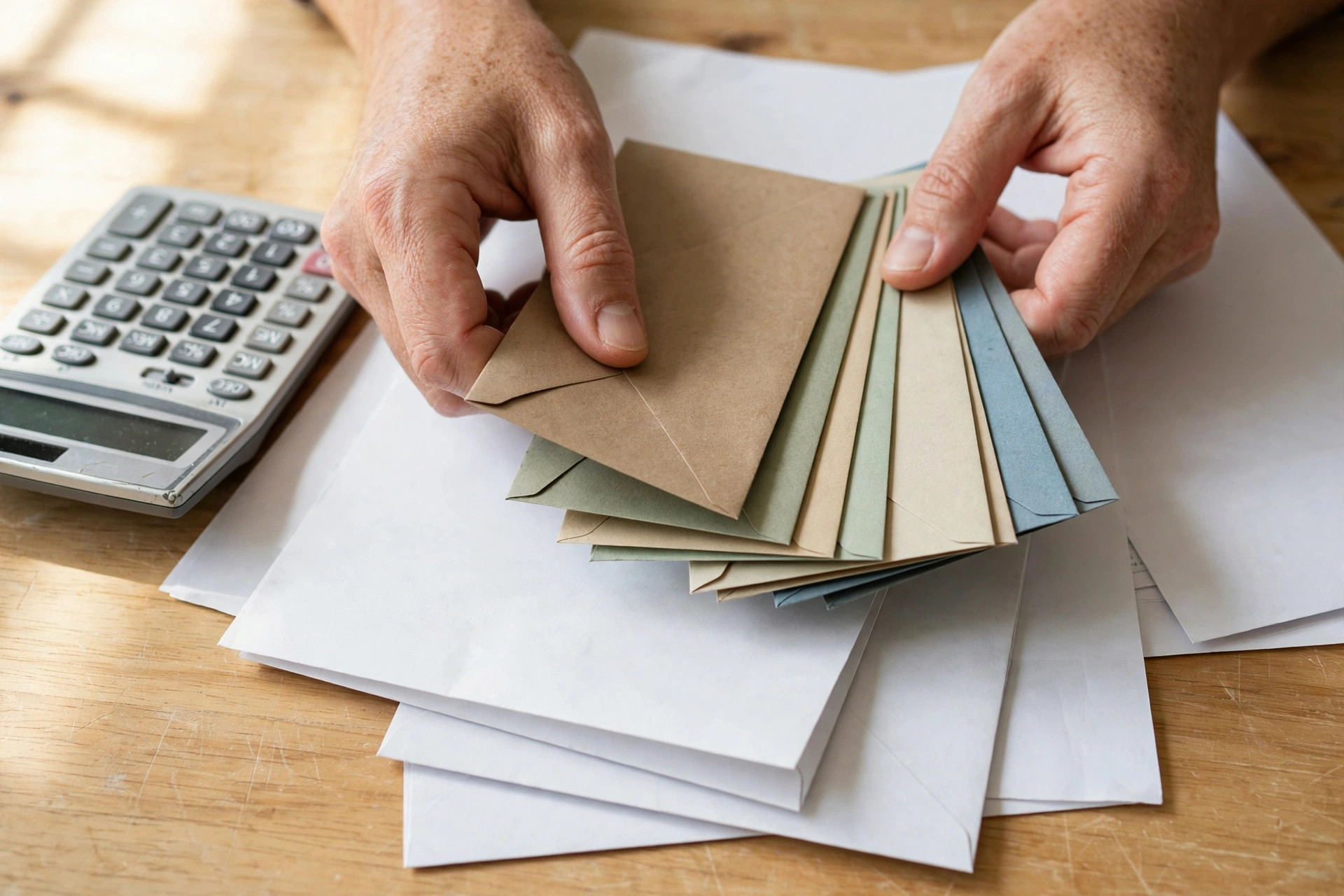 Hands organising budget envelopes and worksheets beside a calculator