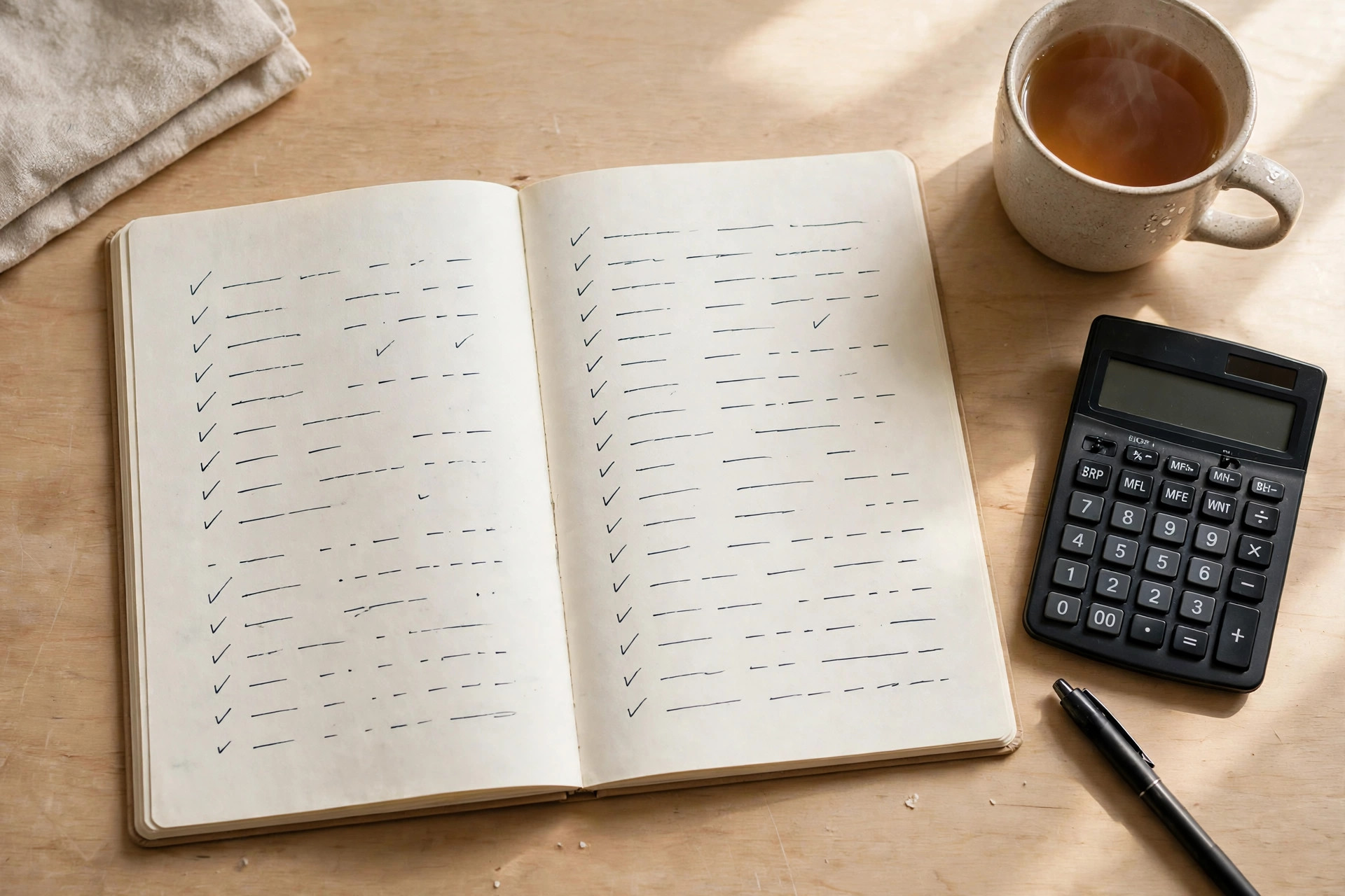 Open notebook with a monthly budget checklist beside a calculator and tea